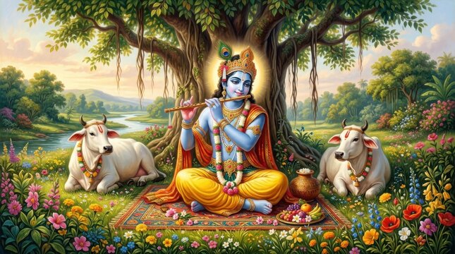 Lord krishna playing the flute under a tree with cows in a lush garden