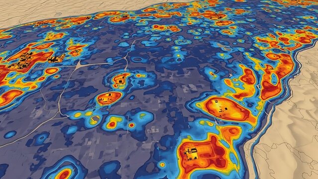 A heat map representation of malicious code infiltration on a computer system displays abstract patterns of red, orange, and blue colors.