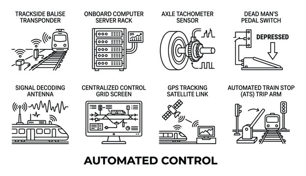 Automated train control systems icons for railway operation and safety trackside equipment.