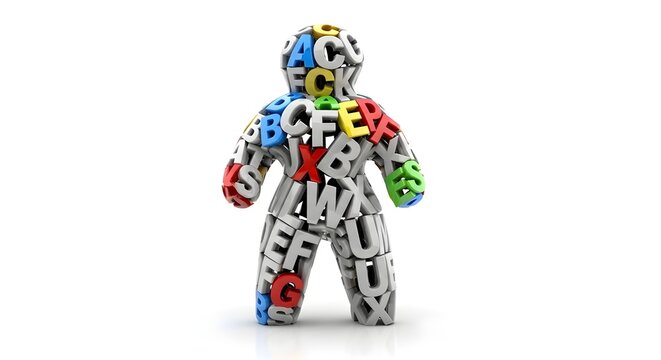 Colorful Alphabet Letters Shaping a Human Figure in 3d Style on White Background