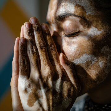 Close up of a person with vitiligo holding hands in prayer gesture