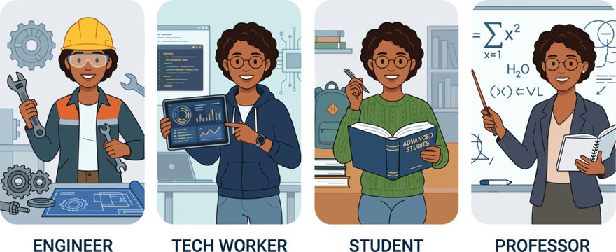 Cartoon illustrated STEM career progression showing engineer tech worker student and professor roles creative education technology science artwork design