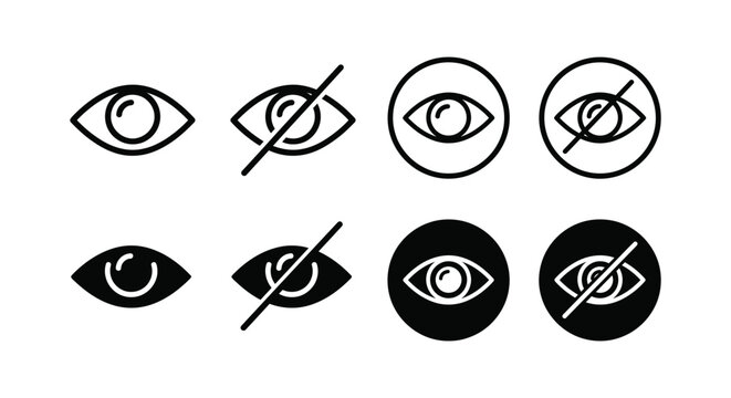 Eye icon set representing visibility, hidden content, and interface toggles in outline and filled styles