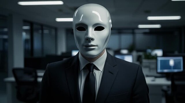 Mysterious figure in sleek suit and featureless mask standing in dimly lit office atmosphere