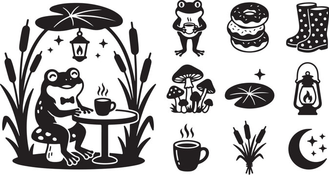 Black, whimsical frog cafe icons, vector set, 12 elements