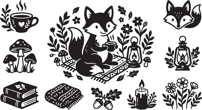 Whimsical forest icons set, woodland animals, fox, plants, mushrooms, candle, candlelight, lantern, lanterns, books, coffee cup, tea.