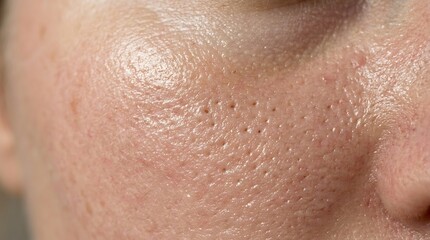 Fototapeta premium Extreme Close-up of Human Facial Skin Texture with Visible and Enlarged Pores, Demonstrating Common Skin Imperfections and Uneven Surface Detail