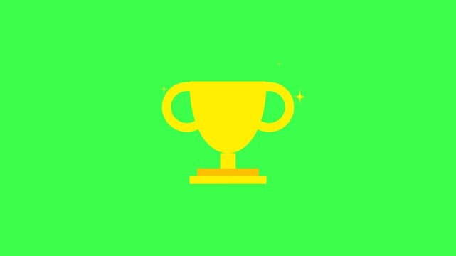 Animated flat golden trophy icon with sparkling stars for victory celebration on green screen background for video editing