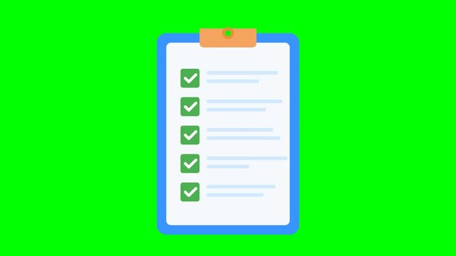 Animation of a blue clipboard checklist with green check marks being completed one by one on a green screen background for digital content creation