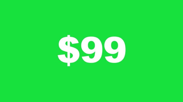Video animation of increasing dollar price amounts from nine to eighty nine dollars on green screen for retail content creation