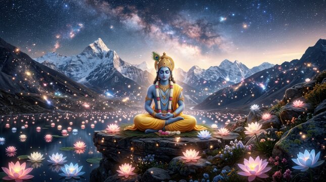 Lord krishna meditating in sacred himalayan landscape with lotuses