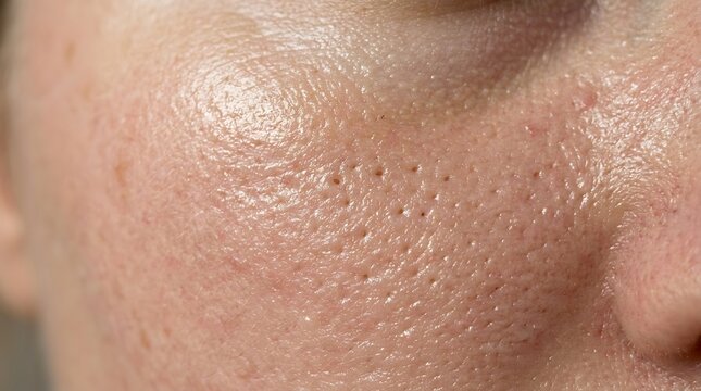 Extreme Close-up of Human Facial Skin Texture with Visible and Enlarged Pores, Demonstrating Common Skin Imperfections and Uneven Surface Detail