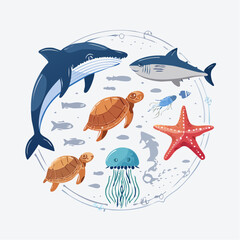 Fototapeta premium Cartoon Marine Life Collection