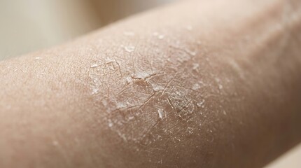 Fototapeta premium Close-up of Severely Dry, Flaking, and Peeling Human Skin on a Forearm, Indicating Dermatological Condition or Extreme Irritation