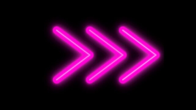 Video of three pink neon chevron arrows pointing right with a glowing effect on a black background for digital sign and motion graphics