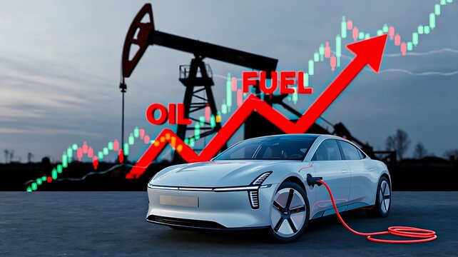 Oil fuel price increase concept with pump sports car and rising energy market chart