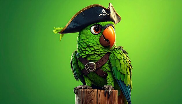 Green parrot pirate with skull hat
