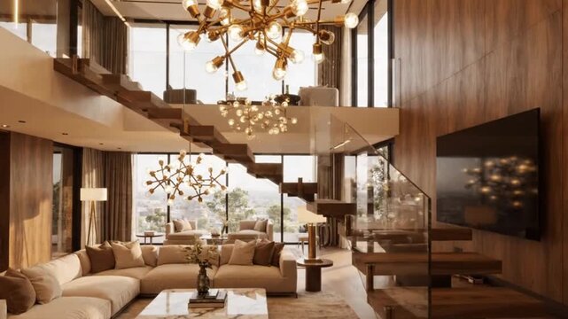 Modern luxury living room interior with contemporary wooden staircase and high ceilings featuring gold chandelier lighting and cozy large beige sofa.