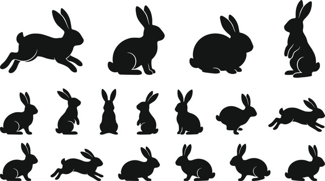 Rabbit silhouettes set with sitting standing running and jumping poses isolated for wildlife design vector illustration and graphics
