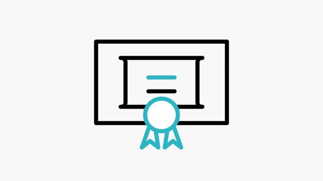 Animation of a certificate diploma award icon appearing with black and teal lines on a white background for educational or business content