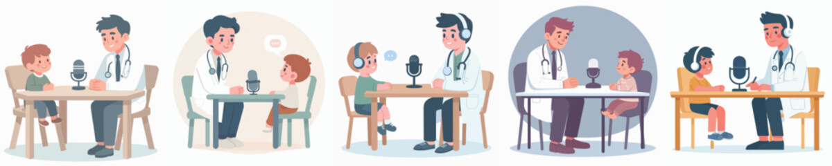 Fototapeta premium vector of a doctor doing a podcast with a small child