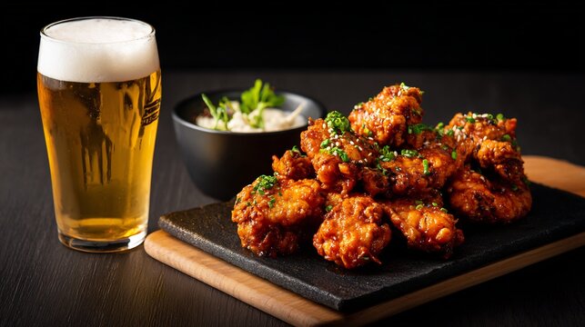 Korean food chimaek fried chicken beer combo Korean cuisine crispy chicken cold beer pairing trendy Korean dining minimal dark background