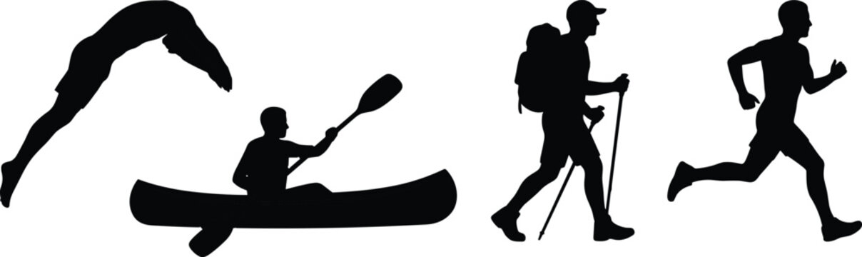 Outdoor adventure silhouettes set including swimmer canoeist hiker and runner isolated on white background for sport lifestyle design