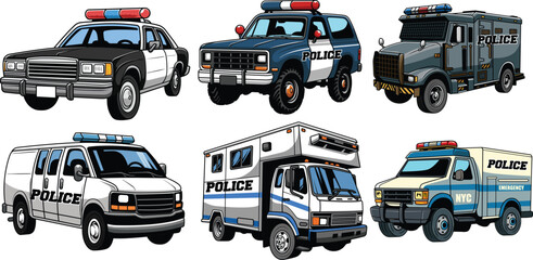 Detailed hand-drawn illustration of a vintage police patrol car and emergency law enforcement van with sirens © harrisaputra