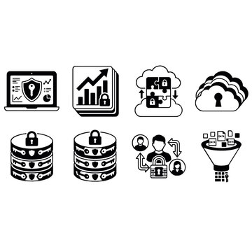 Advanced database management and cloud data security flat icon set black and white vector elements for database server network encryption data filtering and user access control
