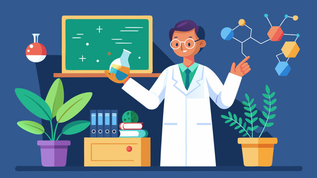 Smiling scientist in lab with beaker and test tube Vector