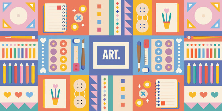 art supplies pattern colorful grid of creative tools and shapes
