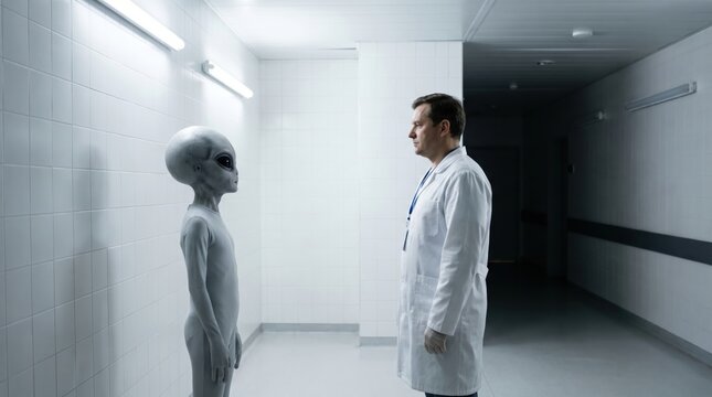 Doctor in white coat standing face-to-face with an alien in a sterile, futuristic hallway, symbolizing an encounter with the unknown.