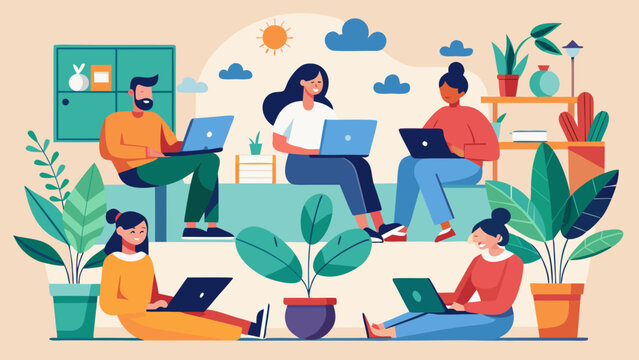 People working on laptops in an office Vector