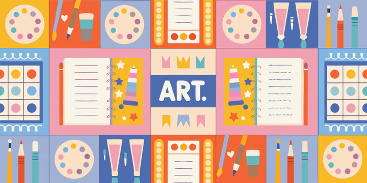 art supplies pattern colorful grid of painting and drawing tools