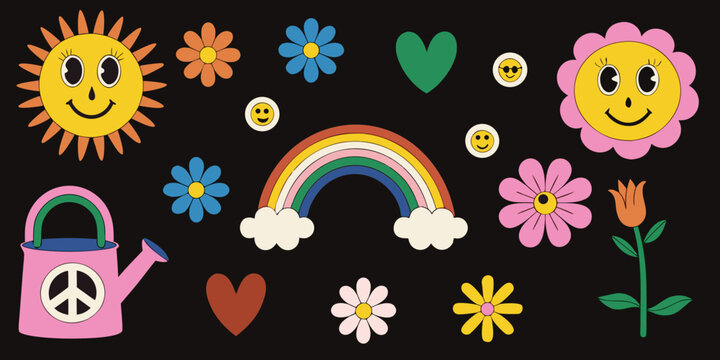 cartoon groovy elements with sun rainbow flowers and watering can