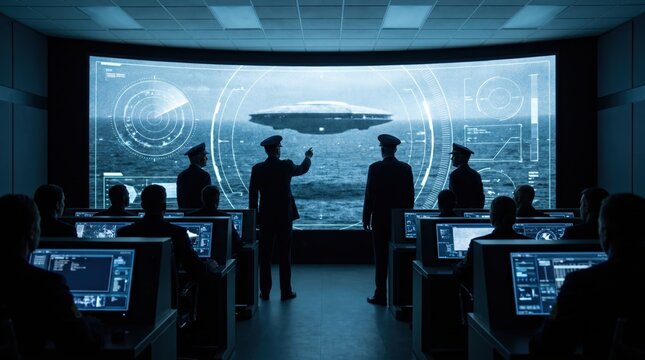 Military Officers Analyzing UFO on Large Screen in Control Room.