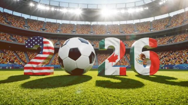 Three dimensional 2026 text with national flags of United States Canada and Mexico positioned on green grass in center of massive modern football stadium.