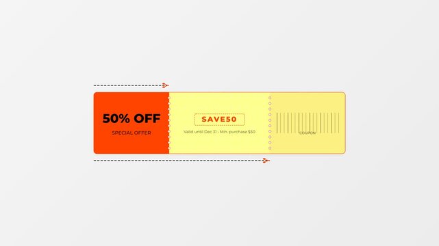 Animated 50 Percent Off Discount Coupon Ticket with Promo Code