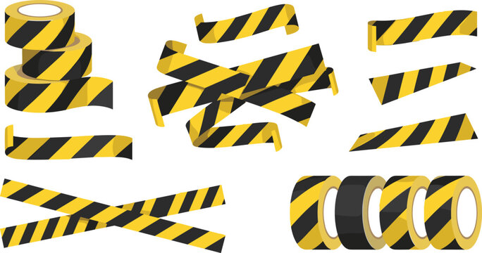 Yellow and Black Hazard Warning Tape Roll Set with Striped Caution Barriers, Construction Crime Scene Lines, and Industrial Safety Tape Elements Isolated on White
