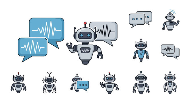 Collection of robot icons with speech bubbles.