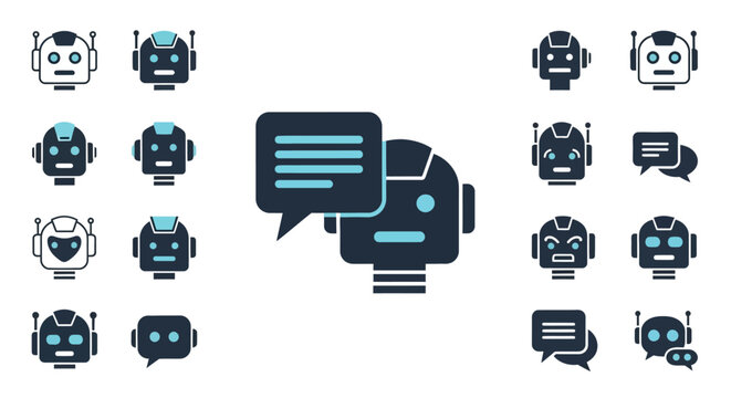 Collection of robot icons with speech bubbles.