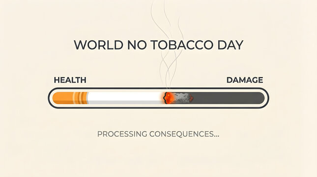 World no tobacco day progress bar shows health decreasing and damage increasing with danger sign