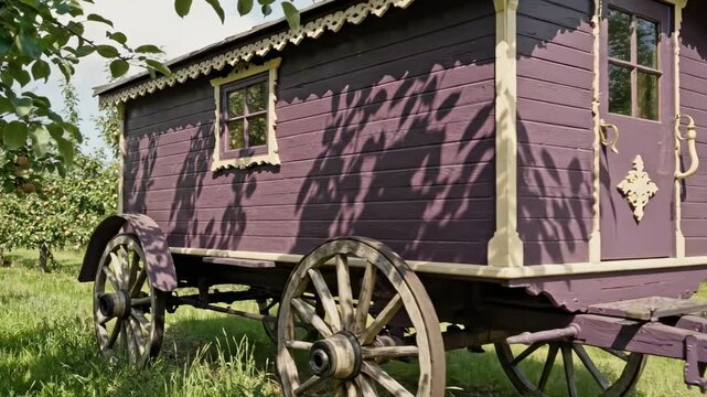 Purple gypsy caravan wagon in leafy orchard with ornate cream trim, wooden wheels, sunlit shadows, garden grass, whimsical vintage travel shelter and rustic countryside lifestyle scene under trees