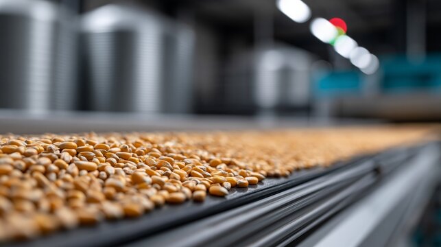Yellow corn kernels spread across a conveyor belt in a processing facility, with metallic silos and industrial lighting visible in the background