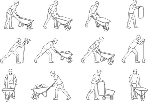 Collection of line of a person performing various tasks with wheelbarrows, shovel, and carrying a frame poses in clean minimal line drawing style