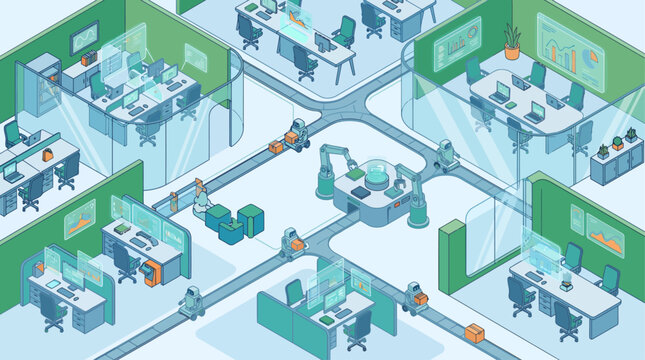 Isometric automated factory conveyor belt system with robotic arms assembling electronics in smart manufacturing plant