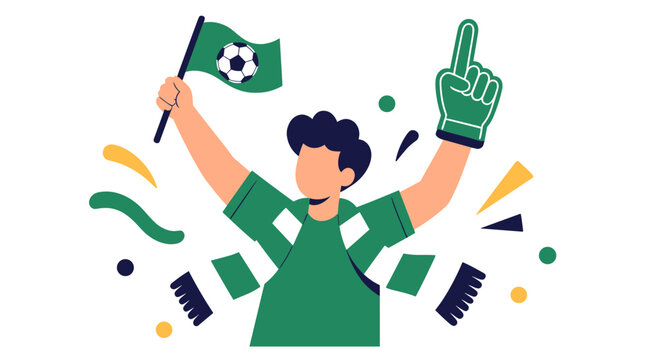 Cheering sports fan waving flag with victory gesture.