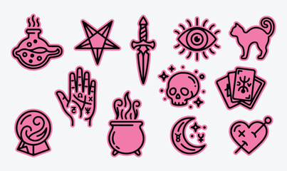 Witchcraft and occult symbols collection with tarot cards crystal ball dark art fortune telling © Star_Pixels11