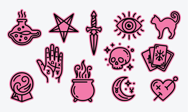 Witchcraft and occult symbols collection with tarot cards crystal ball dark art fortune telling