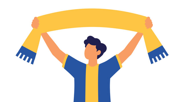 Joyful person holding scarf celebration pose.